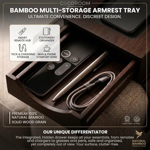 Sofa Armrest Tray with Drawer & Cup Holder — Wooden Couch Arm Tray with Anti-Slip Surface | Fits Most Sofa & Couch Arms (Dark Brown)