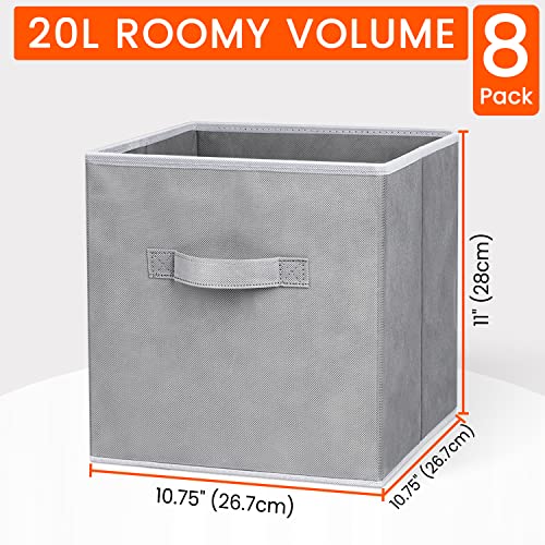 Storage Cubes - 11 Inch Heavy Duty Fabric Closet Bins for Shelves, Cube Organizer - 8 Pack Collapsible Decorative Storage Bins Baskets for Organizing Clothes Blankets Toys (Grey)