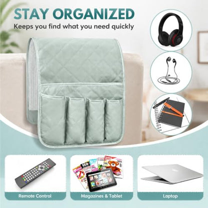 Armchair Caddy for Recliner, Non Slip Sofa Arm Organizer, Sage Green | 5-Pocket Recliner Armrest Organizer, Couch Side Storage Holder for Remotes, Cell Phone, Magazines & Tablets, Machine Washable