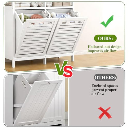 VASMIA Tilt Out Laundry Hamper Cabinet, Bamboo Double Laundry Hamper with 2 Removable Laundry Baskets, 20 Gal Laundry Sorter Organizer with Shelf for Dirty Clothes, Bathroom, Laundry Room, White