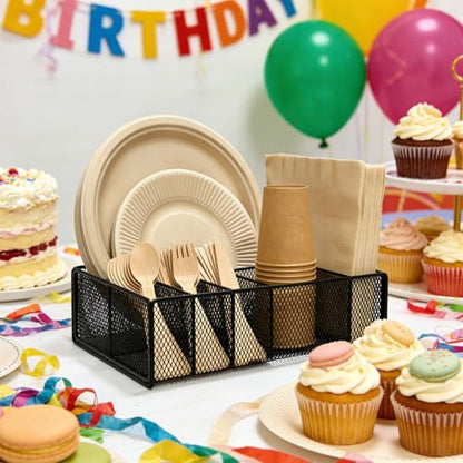 Paper Plate Organizer for Countertop - Metal Utensil Caddy Silverware Holder Cutlery Flatware Plastic Spoon Fork Plates Napkins Cup Storage Dispenser Party Picnic Essentials Camping Supplies
