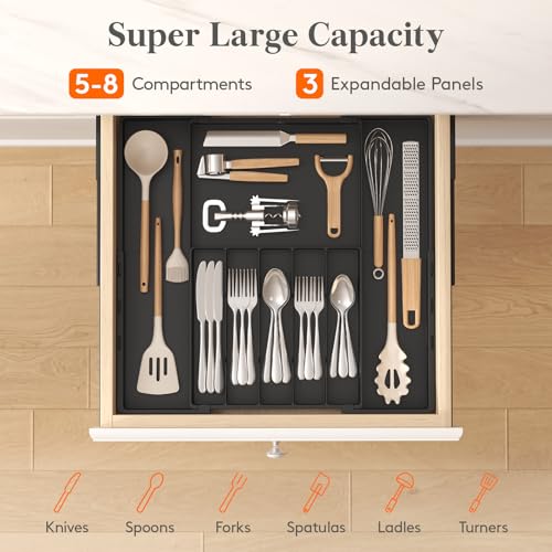 Lifewit Silverware Drawer Organizer, Expandable Utensil Tray for Kitchen, BPA Free Flatware and Cutlery Holder, Adjustable Plastic Storage for Spoons Forks Knives, 5-8 Slots, Black