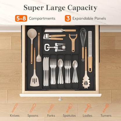 Lifewit Silverware Drawer Organizer, Expandable Utensil Tray for Kitchen, BPA Free Flatware and Cutlery Holder, Adjustable Plastic Storage for Spoons Forks Knives, 5-8 Slots, Black