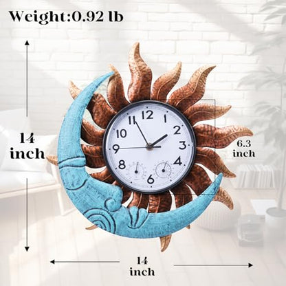 Outdoor Clock, Sun and Moon Clock for Patio Pool Garden Home Decor | Waterproof, Thermometer Combo, 14 Inch, Easy to Read