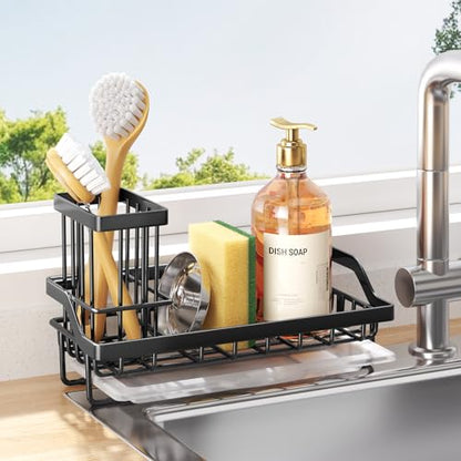 Sponge Holder for Kitchen Sink - Kitchen Sink Caddy Organizer with Removable Drip Tray for Countertop Dish Soap Dispenser Brush Storage Accessories 304 Stainless Steel - Black