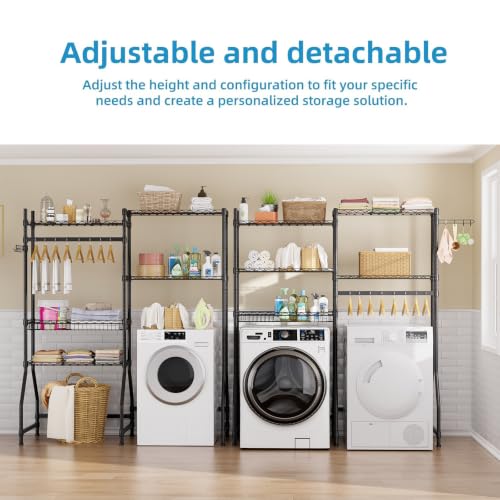Laundry Organizer Shelves Over the Washer and Dryer Storage Shelf | Heavy Duty Laundry Room Organization Clothes Drying Rack Adjustable Height Wire Shelving and Wire Basket with Hanger Rod
