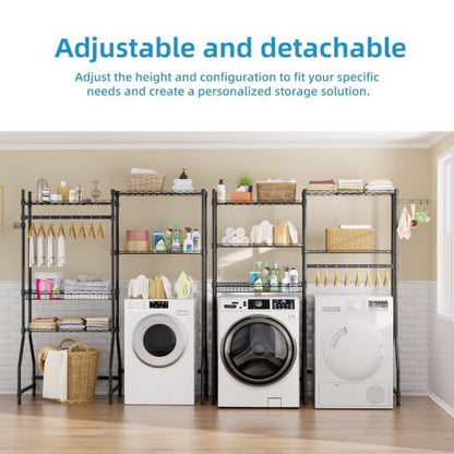 Laundry Organizer Shelves Over the Washer and Dryer Storage Shelf | Heavy Duty Laundry Room Organization Clothes Drying Rack Adjustable Height Wire Shelving and Wire Basket with Hanger Rod