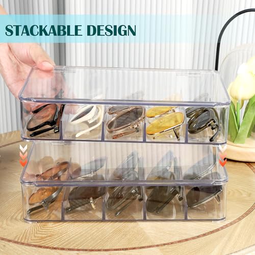 FORUP Sunglasses Organizer, Plastic Stackable Eyeglass Case Storage Organizer, Sunglass Glasses Storage Box with Hinged Lid
