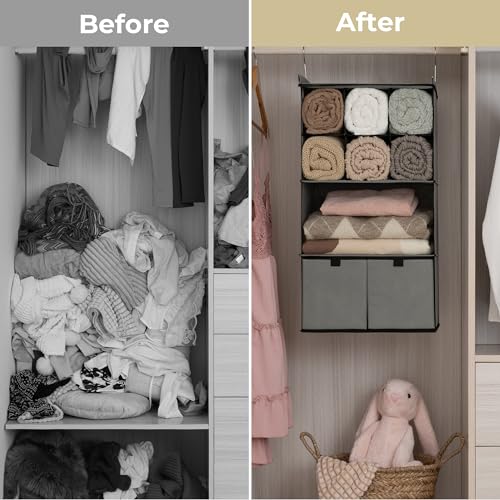 GRANNY SAYS Hanging Closet Organizer with Drawers, 4 Shelf Dividers Closet Hanging Organizer, Foldable Hanging Shelves for Wardrobe Closet, Small Closet Organizers for Clothes Shoes, Grey