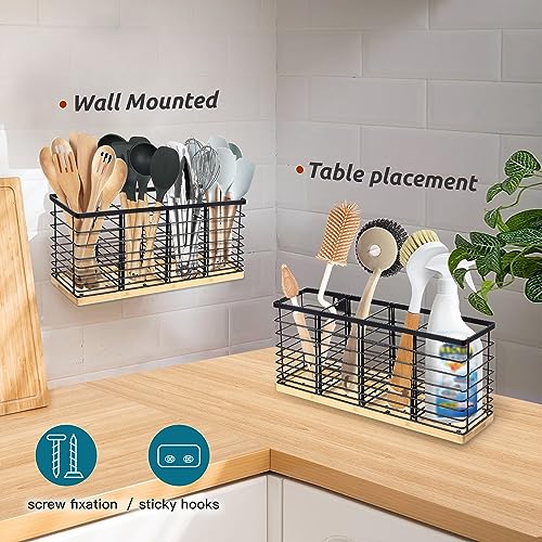 Extra Large Kitchen Utensil Holder Countertop with Removable Divider | Counter&Wall Mounted,Hold 40 Utensils,Cooking Counter Organizer Caddy for Spatula,Spoon,Wooden Base,Farmhouse,Metal,Black