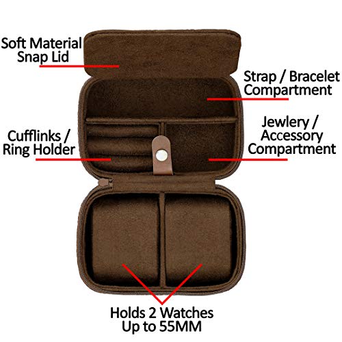 ROTHWELL 2 Watch Travel Case Storage Organizer for 2 Watches | Tough Portable Protection w/Zipper Fits All Wristwatches & Smart Watches Up to 50mm