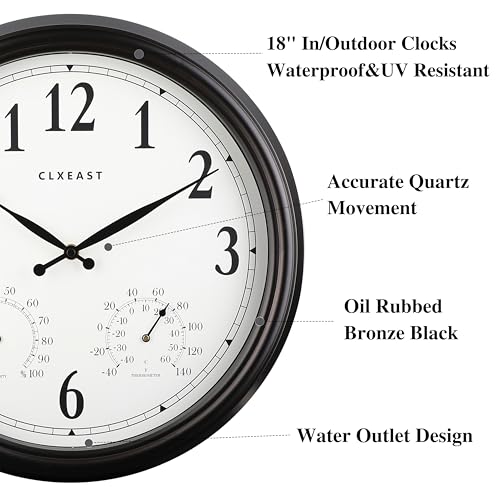 18 Inch Outdoor Clocks for Patio Waterproof & UV Resistant, Black | Built In Thermometer & Hygrometer,IP56 Weatherproof, Accurate & Easy to Read for Patio, Pool, Porch & Garden Decor