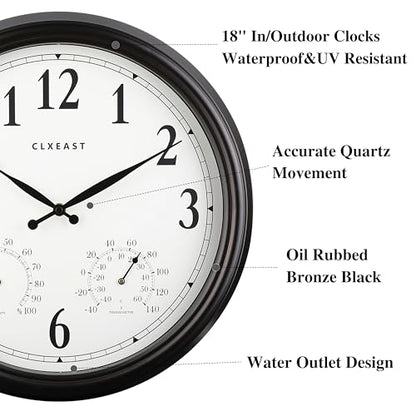 18 Inch Outdoor Clocks for Patio Waterproof & UV Resistant, Black | Built In Thermometer & Hygrometer,IP56 Weatherproof, Accurate & Easy to Read for Patio, Pool, Porch & Garden Decor