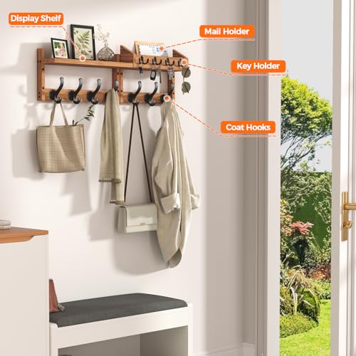 Evermagin 29" Coat Rack Wall Mount with Shelf & 11 Hooks, Entryway, Brown | Wooden Wall Mounted Coat and Key Rack with Hooks, Key Hanger with Mail Holder for Living Room, Mudroom, Bedroom
