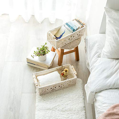 Mkono 2Pc Macrame Storage Baskets, Boho Bathroom Toilet Paper Holder, Ivory | Small Baskets for Organizing, Hand-Woven, Bohemian Beach Coastal Decor, Shelf Vanity Cabinet Bedroom Living Room Office Dorm