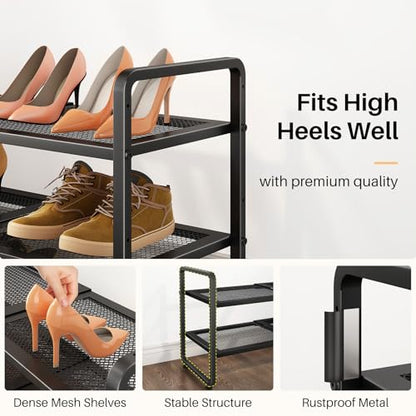 Expandable Metal Shoe Rack for Closet, Entryway & Garage, 2-Tier, Black | Adjustable Height for Boots, Stackable Design, Dense Mesh Shelves for Heels, Fits Small Spaces, Apartments and Rentals