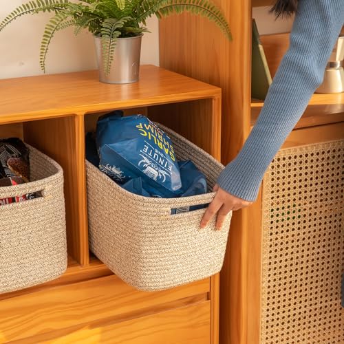 OIAHOMY 4 Pack Storage Baskets for Organizing, Cube Storage Bins for Shelves, Rectangle Storage Baskets With Handles, Woven Baskets for Storage, 12.7''Lx9''Wx7.8''H, Mixed Brown