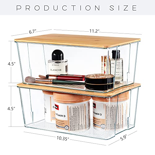 Hudgan 4 Pack Clear Plastic Storage Bins with Bamboo Lids, Stackable Storage Containers for Organizing Medicine Cabinet Organizer, Craft Room, Bread Box