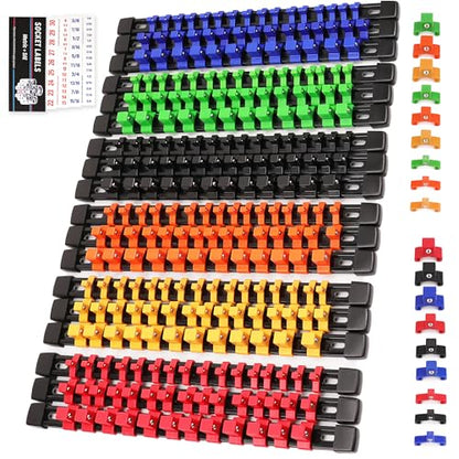 SWANLAKE Socket Organizer Set 18-Piece, 1/4-Inch x 96 Clips, 3/8-Inch x 90 Clips, 1/2-Inch x 72 Clips, Socket Organizer for Tool Box Drawer, Drive Socket Trays, Socket Holder Clip Rail