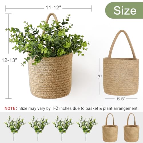 Dahey 2 Pack Woven Hanging Wall Basket 6.5"W×7"H with Artificial Eucalyptus | Easy Hanging Design, Jute Multi-Use Storage Basket, Holds Artificial Plants Flowers ＆ Utensils, Farmhouse Kitchen Wall Decor