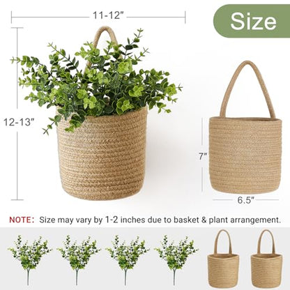 Dahey 2 Pack Woven Hanging Wall Basket 6.5"W×7"H with Artificial Eucalyptus | Easy Hanging Design, Jute Multi-Use Storage Basket, Holds Artificial Plants Flowers ＆ Utensils, Farmhouse Kitchen Wall Decor