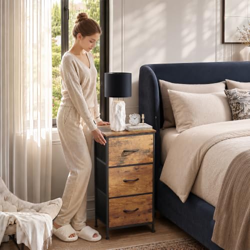 WLIVE Small Dresser Nightstand for Bedroom, 3 Drawers, Rustic Brown | 3 roomy fabric drawers, Compact nightstand, Bedroom or closet use, Chest of drawers, Dresser for small spaces