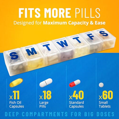 Weekly Pill Organizer - 7-Day Pill Planner Extra Large Pill Planner and Daily Pill Organizer and Medicine Reminder, Monday to Sunday Compartments - BPA Free - Travel Pill Box Case (Pack of 4)