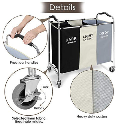 Laundry Basket with Wheels, 240l Laundry Hamper with 3 Section Laundry Bag for Dirty Clothes, Dorm Room Essentials, Towel Organization & Toys Storage Laundry Cart in Laundry Room Organization