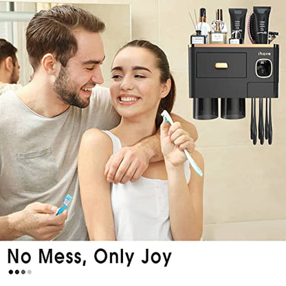iHave Toothbrush Holders Bathrooms Wall Mount Toothpaste Dispenser & 2 Cups | Luxury White & Gold Bathroom Decor:2 Cups, 6 Slots, Toothpaste Dispenser, Large Tray & Drawer Wall Mount Toothbrush Organizer