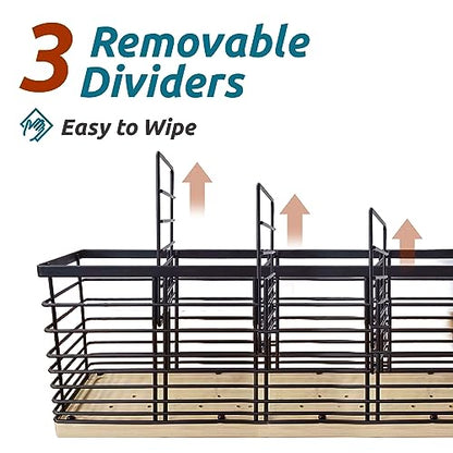 Extra Large Kitchen Utensil Holder Countertop with Removable Divider | Counter&Wall Mounted,Hold 40 Utensils,Cooking Counter Organizer Caddy for Spatula,Spoon,Wooden Base,Farmhouse,Metal,Black