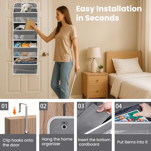Over The Door Organizer 4 Shelves & 4 Side Pockets, Large Storage Rack | Anti-Tilt Hanging Door Storage for Closet, Heavy-Duty Mesh Shelf for Bathroom Closet Toy Organization Shoes Towels, Grey
