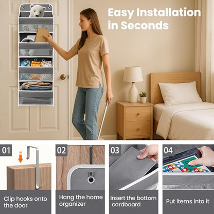 Over The Door Organizer 4 Shelves & 4 Side Pockets, Large Storage Rack | Anti-Tilt Hanging Door Storage for Closet, Heavy-Duty Mesh Shelf for Bathroom Closet Toy Organization Shoes Towels, Grey
