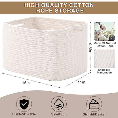 Storage Baskets for Organizing Shelves, Woven Cotton Rope Bins for Baby Nursery Organization, Book Toy Towel Organizer, 15"x11"x9.5", 3 Packs, Off White