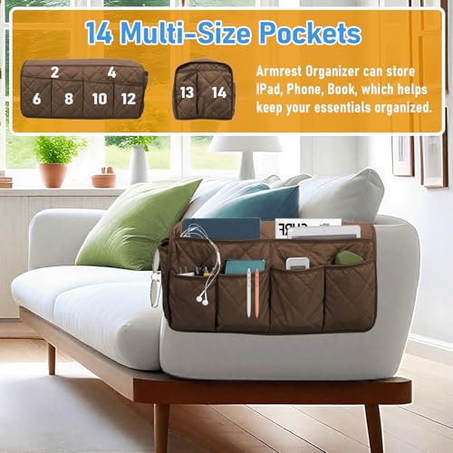 Armchair Caddy, Remote Control Holder for Recliners, Sofa Armrest Organizer, Non Slip Recliner Organizer, Couch Caddy with 14 Pockets Storage for TV Remote, Phone, Magazine (Brown)