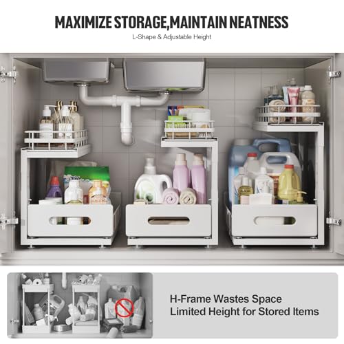 Under Sink Organizer Upgrade To Professional Rails,2-Tier Dual Pull Out Cabinet Storage,Height Adjustable Slide Out Drawers For Bathroom Kitchen,2 Pack-14.5" Dx12.8-16.9" H,White