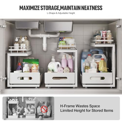 Under Sink Organizer Upgrade To Professional Rails,2-Tier Dual Pull Out Cabinet Storage,Height Adjustable Slide Out Drawers For Bathroom Kitchen,2 Pack-14.5" Dx12.8-16.9" H,White