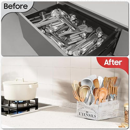 Extra-Large Kitchen Utensil Holder for Countertop-360° Rotating Base | 6-Compartments Cooking Utensil Organizer, Removable Divider, Wooden Utensil Organizer for Countertop, Farmhouse Kitchen Decor