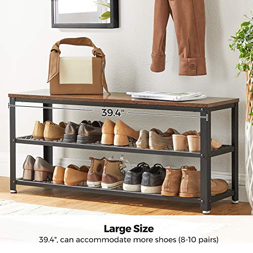 VASAGLE 3-Tier Shoe Rack, Shelf Storage Bench with Metal Mesh Shelves and Seat, Free Standing Shoe Organizer for Entryway, 11.8 x 39.4 x 17.7 Inches, Rustic Brown and Black ULBS078B01