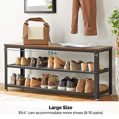 VASAGLE 3-Tier Shoe Rack, Shelf Storage Bench with Metal Mesh Shelves and Seat, Free Standing Shoe Organizer for Entryway, 11.8 x 39.4 x 17.7 Inches, Rustic Brown and Black ULBS078B01