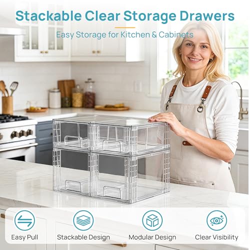 Vtopmart Clear Stackable Storage Drawers, 4 Pack Kitchen Cabinet Set | Medium and Small Pull-Out PET Drawers with Stackable Design for Kitchen Cabinets, Pantry, Under Sink, Medicine