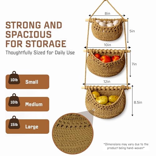Cotton Hanging Fruit Basket,3 Tier Woven wall Basket, hanging Storage baskets for Kicthen and Bathroom, Macrame wall hanging, Boho Decor Over The Door Decor Organizer, White (Brown)