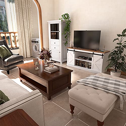 JUMMICO TV Stand for 65 Inch TV, Sliding Barn Doors, Bright White | Farmhouse Entertainment Center, Storage Cabinets, Adjustable Shelves, Media Console for Living Room, Bedroom