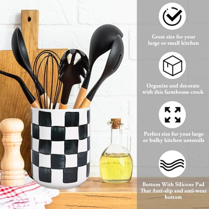 Kitchen Utensil Holder 6.3 Inch Checkered Ceramic... (Black | Ceramic)