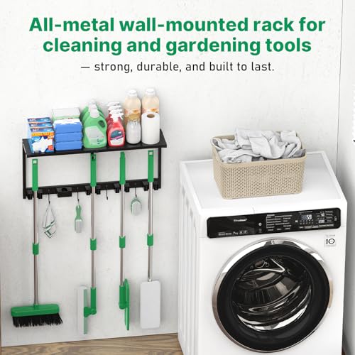CCCEI Broom and Mop Wall Mount with Shelf, Laundry Room Cleaning Tools Organization Hanging Rack with Hooks, Bathroom, Garage, Garden Organizers and Storage. All Metal, Black, 1 Pack.