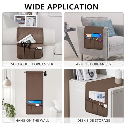 Remote Control Holder for Armchair Caddy, Remote Holder with 5 Pockets | Couch TV Remote Holder with Non-Slip Base, Bedside Caddy Organizer for Key Glasses Phone Magazine (Brown, 35"x12.4")