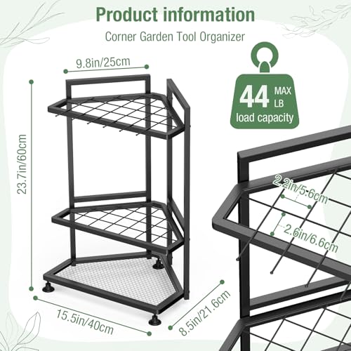 Garden Tool Organizer for Corner,Metal Yard Tool Organizer for Long-Handled Tools/Rakes/Brooms,Side Garden Pocket,Heavy Duty Steel Yard Tool Storage Rack for Garage,Shed, Outdoor