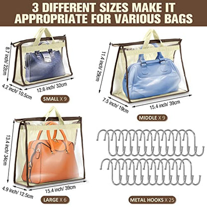 Chumia 24 Pack Dust Bags for Handbags with 25 Stainless Steel S Shape Hooks, 3 Assorted Sizes Dust Cover Bags Damp Proof Purse Storage Handbags with Zippers and Handles for Closet Hanging