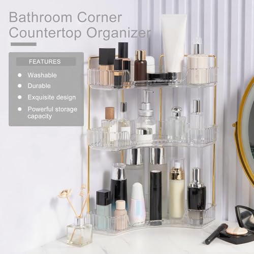 INVSSENE Corner Bathroom Countertop Organizer, Vanity Trays for Counter, Makeup Organizers, Perfume Tray, Kitchen Spice Rack, (Clear, 3 Tiers)