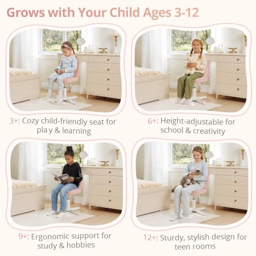 LUE BONA Cute Bear Ear Vanity Chair for Teen Girls - Height Adjustable 13.8"-18.9" Swivel Stool with Back Support, Teddy Velvet Makeup Ottoman, 300lbs, Light Pink