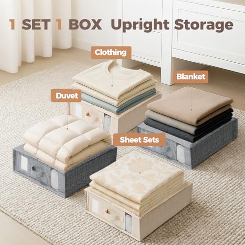 Sheet Organizers and Storage for Linen Closet, 6Pack Grey | 1200D Linen-Type Cloth, Fits King and Queen Sheet Sets, Clear Window and Label Slot, Foldable Dustproof Storage with Handle